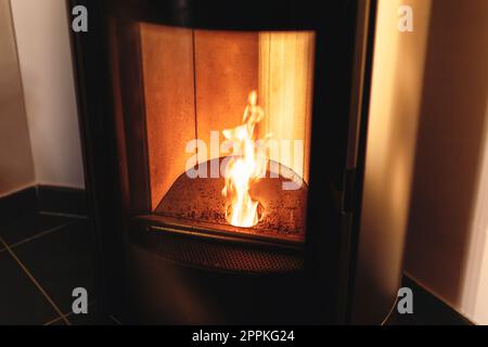 Focolare di stufa a pellet, stufa a granuli con fiamme Foto Stock