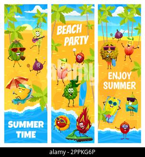 Cartoon frutta personaggi sulle vacanze estive, festa in spiaggia. Banner vettoriali con feijoa, uva, fichi e melone, prugna, papaia, bergamotto e drago o st Illustrazione Vettoriale