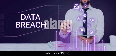 Ispirazione che mostra una violazione dei dati del segno. Concetto Internet rilascio non autorizzato di dati riservati e protetti Foto Stock