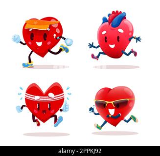 Personaggio del cuore da corsa con fitness tracker, cardio sport e icona del vettore di salute. Cuore sano correre o jogging sulla maratona, cardiovascula Illustrazione Vettoriale