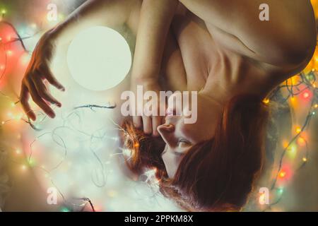 Primo piano immagine ritratto dreaming lady and neon ball Foto Stock