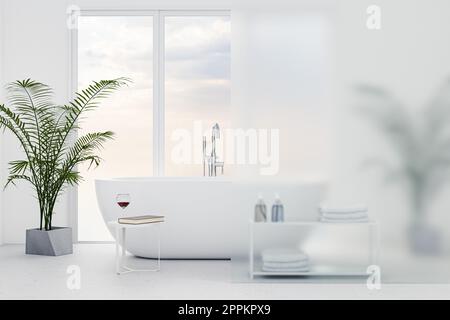 Vasca da bagno indipendente bianca in un bagno luminoso. Bicchiere di vino rosso e libro su un tavolo laterale. Divisore con vetro smerigliato a destra. 3d ren Foto Stock
