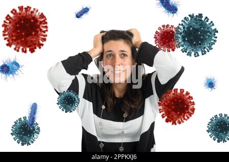 Temuta ragazza attaccata da virus e batteri. Concetto di malattia Foto Stock