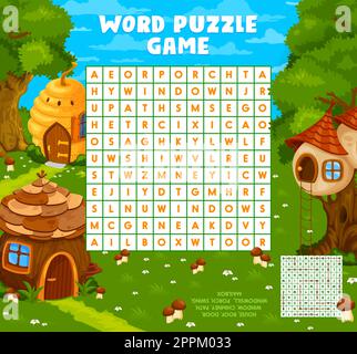 Cartone animato di favola case di ricerca parola puzzle foglio di lavoro gioco, quiz per bambini. Griglia vettoriale per rompicapo per bambini, indovinello con cono, alveare o n Illustrazione Vettoriale