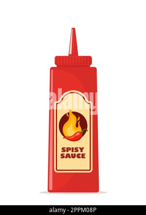 Salsa piccante in bottiglia rossa. Ketchup, pomodoro caldo e salsa al peperoncino in bottiglia, peperoncino rosso e fuoco giallo sull'etichetta. Illustrazione vettoriale Illustrazione Vettoriale