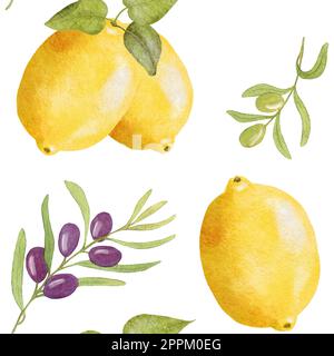 Acquerello al limone con motivo a oliva. Motivo senza cuciture con limoni e rametti di oliva. L'illustrazione è disegnata a mano Foto Stock