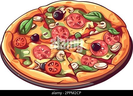 Pizza appena sfornata con salame a fette Illustrazione Vettoriale