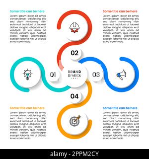 Modello infografico con icone e 4 opzioni o passaggi. Spirale. Può essere utilizzato per il layout del flusso di lavoro, il diagramma, il banner, il webdesign. Illustrazione vettoriale Illustrazione Vettoriale