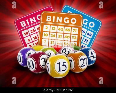 Bingo card e palline con numeri su sfondo rosso. Illustrazione 3D. Foto Stock