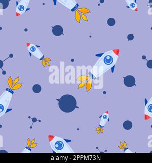 Modello senza giunture su sfondo blu con razzi, pianeti e satelliti. Vettore. Ripetizione senza giunture. EPS10 Illustrazione Vettoriale