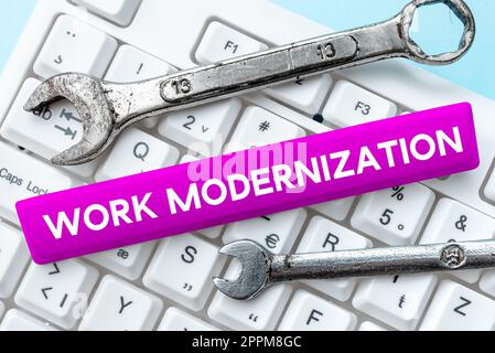 Scrittura visualizzazione testo modernizzazione lavoro. Panoramica aziendale Modifica del servizio e del processo di produzione per includere nuove funzioni e competenze Foto Stock