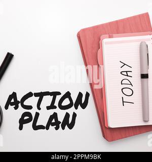 Segno che visualizza il piano d'azione. Business idea elenco di cose o di calendario da rendere thia l'anno in corso Foto Stock