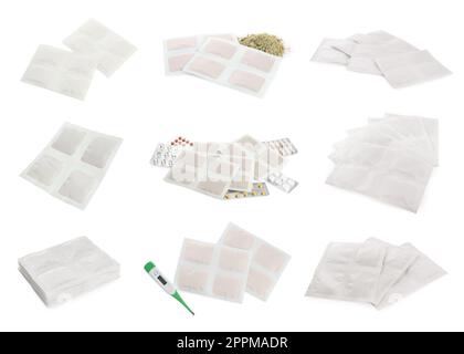 Set con cerotti di senape su sfondo bianco Foto Stock
