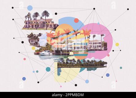 Residenza di lusso a Miami Beach, florida, U.S.A Collage creativo di arte contemporanea o design. Foto Stock