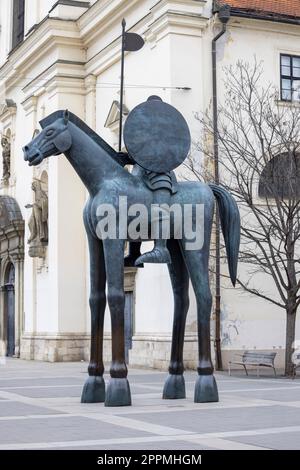 Statua equestre del margravio Jobst di Lussemburgo in Piazza Morava, Brno, Repubblica Ceca Foto Stock