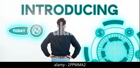Scrittura visualizzazione testo introduzione. Concetto del Internet che presenta un soggetto o qualcuno primo incontro di approccio Foto Stock
