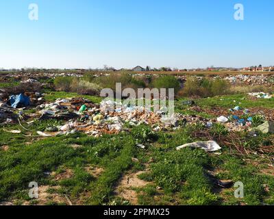 discarica vicino al villaggio. Caotica discarica non ufficiale. Plastica, sacchetti, carta, vetro, rifiuti biologici. Erba verde accanto alla sporcizia. Catastrofe ecologica. Foto Stock