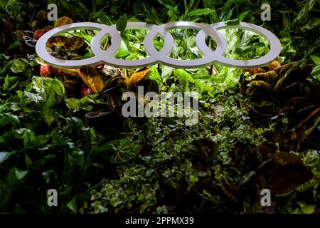 MILANO, ITALIA - APRILE 16 2018: Audi City LAB. Famoso e noto logo con quattro cerchi di Audi, una vettura tedesca Foto Stock