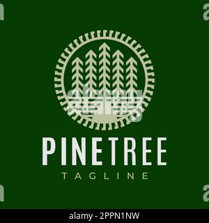 Modello con logo vintage in pino. Retro paesaggio forestale logo vettore. Illustrazione Vettoriale