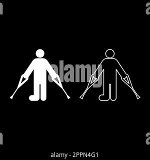 Uomo con la gamba spezzata crutch canna gesso bastone piede usando bastoni persona crutches trauma concetto set icona bianco colore vettore illustrazione immagine riempimento solido contorno linea sottile piatto stile Illustrazione Vettoriale