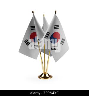Piccole bandiere nazionali della Corea del Sud su un bianco sfondo Foto Stock