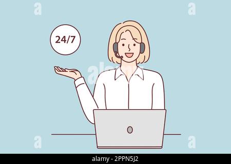 Una donna sorridente che lavora con la cuffia su una linea telefonica Illustrazione Vettoriale