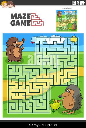 gioco di labirinto con cartoni animati hedgehogs personaggi animali Illustrazione Vettoriale