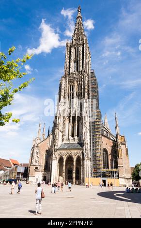 ULM, GERMANIA - 13 AGOSTO: Turisti al Minster di Ulm, Germania il 13 agosto 2016. La chiesa ha il campanile più alto del mondo. Foto scattata Foto Stock