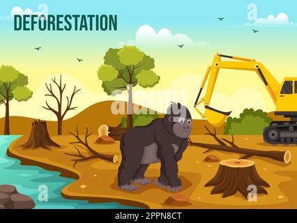 Deforestazione Illustrazione con albero nella foresta abbattuto e bruciando in inquinamento causando l'estinzione di animali in Cartoon modelli disegnati a mano Illustrazione Vettoriale