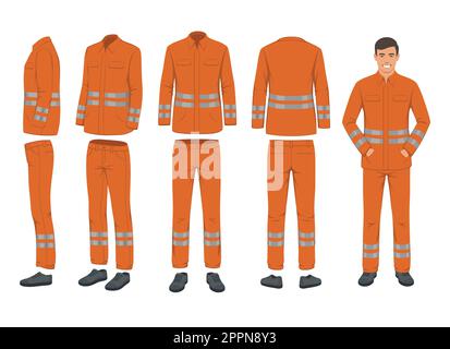 uniforme. Abiti da lavoro mockup. giacca o giubbotto. Abbigliamento di sicurezza. Abbigliamento per uomo di lavoro. Set di indumenti professionali Vector Illustrazione Vettoriale
