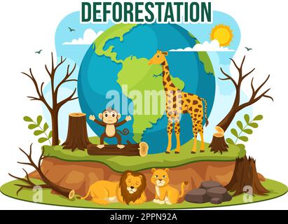 Deforestazione Illustrazione con albero nella foresta abbattuto e bruciando in inquinamento causando l'estinzione di animali in Cartoon modelli disegnati a mano Illustrazione Vettoriale