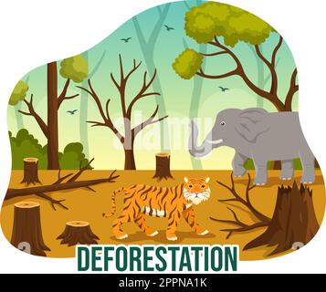 Deforestazione Illustrazione con albero nella foresta abbattuto e bruciando in inquinamento causando l'estinzione di animali in Cartoon modelli disegnati a mano Illustrazione Vettoriale