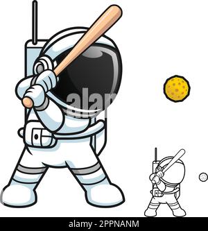 Carino astronauta giocare a baseball con la palla Luna con disegno d'arte in linea nera e bianca Illustrazione Vettoriale