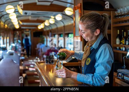 Serve vino bianco all'interno del treno di lusso Expreso de la Robla che viaggia attraverso Bilbao fino a Leon, nel nord della Spagna, in Europa. Interno del ristorante c Foto Stock