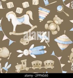 Baby Toys modello senza cuciture su sfondo marrone. Illustrazione di acquerello disegnata a mano con cavallo a dondolo e orsetto. Ornamento in colori pastello per carta da parati infantile o per bambini. Disegno per carta Foto Stock