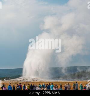 Turisti irriconoscibili che guardano all'eruzione della sorgente termale di geyser Old Faithful, il parco nazionale di Yellowstone, Wyoming, USA. Foto Stock