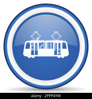 Icona Tram lucido web, cerchio blu pulsante isolato su sfondo bianco Foto Stock