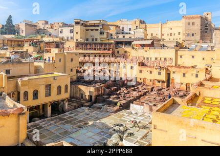 Pelle tintura in una tradizionale conceria nella città di Fes, Marocco. Vista della vecchia medina a Fes Foto Stock