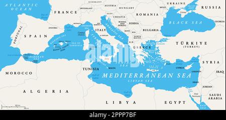 Suddivisioni del Mar Mediterraneo, mappa politica, con il Mar Nero Illustrazione Vettoriale