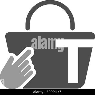 Shopping bag online, cursore fare clic sull'icona mano con la lettera T. Illustrazione Vettoriale