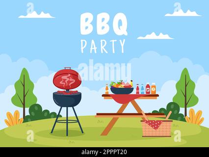 Barbecue o barbecue con bistecche alla griglia, tostapane, piatti, salsiccia, pollo e verdure in cartoon a sfondo piatto Illustrazione Illustrazione Vettoriale