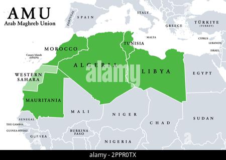 Unione del Maghreb arabo, AMU, stati membri, mappa politica Illustrazione Vettoriale