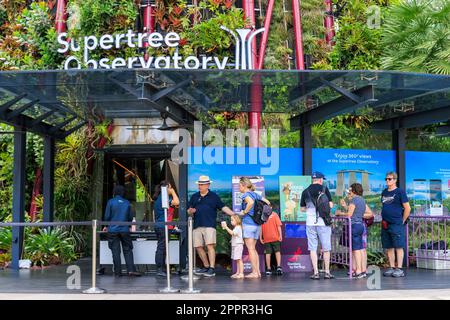 I turisti in attesa di andare sulla passerella sopraelevata di Supertree a Gardens by the Bay, Singapore Foto Stock