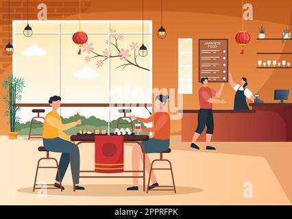 Persone che mangiano cibo giapponese nel ristorante con vari piatti deliziosi in stile piatto Cartoon Illustrazione Illustrazione Vettoriale