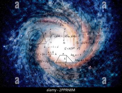 Illustrazione delle formule di fisica e matematica di base e della galassia nell'universo Foto Stock