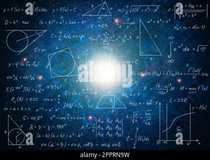 Illustrazione delle formule di fisica e matematica di base e della galassia nell'universo Foto Stock