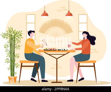 Persone che mangiano cibo giapponese nel ristorante con vari piatti deliziosi in stile piatto Cartoon Illustrazione Illustrazione Vettoriale