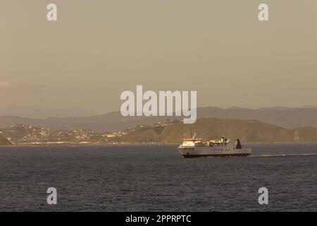 Un traghetto KiwiRail Interislander, in rotta da Wellington sull'Isola del Nord della Nuova Zelanda, velina lo stretto di Cook verso Picton sull'Isola del Sud Foto Stock