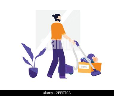 Personaggio maschile Vacuuming Home con aspirapolvere in soggiorno Illustrazione Vettoriale