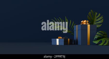 Fondo scatola regalo blu scuro con nastro dorato. rendering 3d Foto Stock